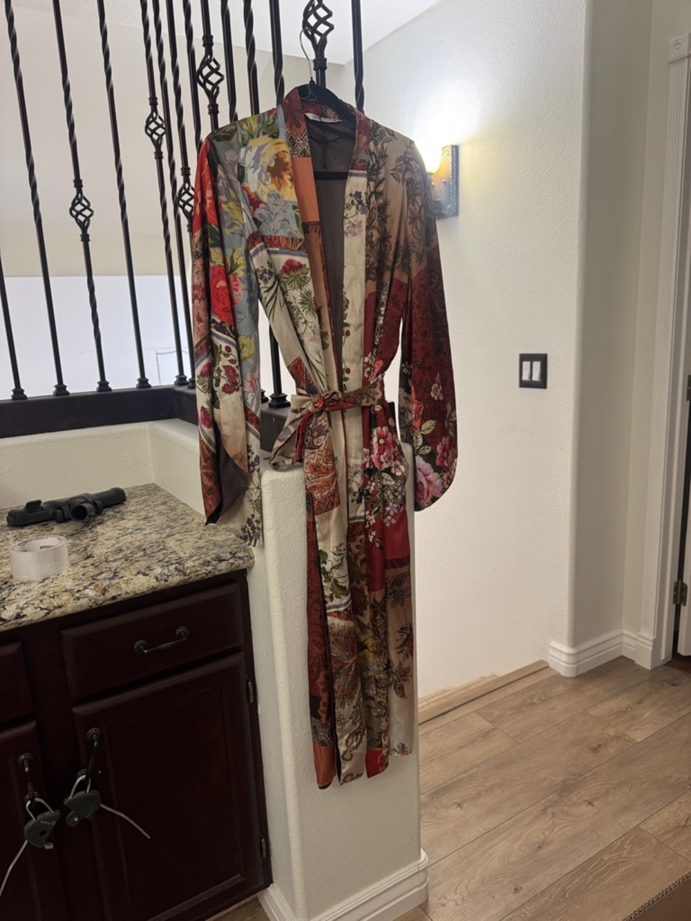 Zara Floral Patchwork Silk Kimono Robe - Red, Cream, Green